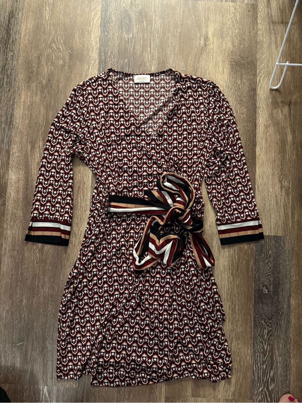Laundry By Shelli Segal Burgundy and Black Patterned Wrap Midi Dress